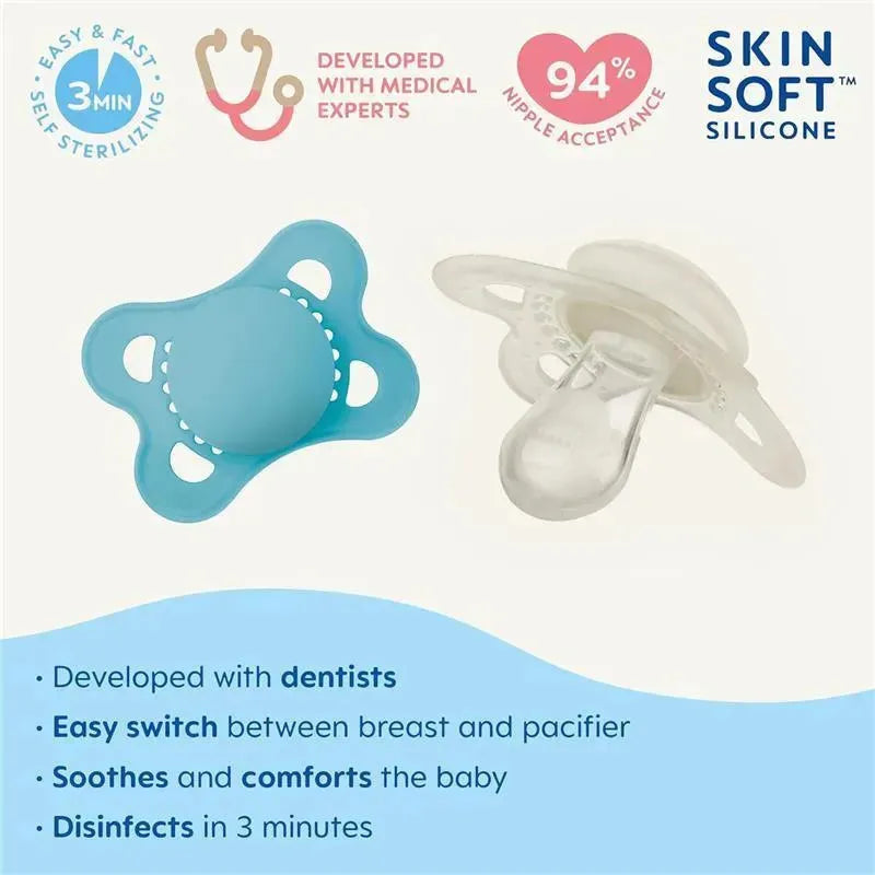 Matte unisex pacifier set for ages 16M+, featuring a blue and a clear silicone pacifier with self-sterilizing capability.