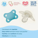 Matte Deco pacifiers, one blue and one clear, highlight features like easy sterilization, comfort for babies, and high nipple acceptance.