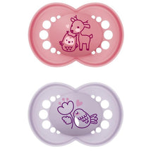2-pack of Mam pacifiers in matte pink and lavender with animal designs; suitable for girls aged 6 to 16 months.