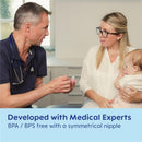 Medical professional demonstrating the Mam Matte Non-Deco Baby Pacifier to a mother holding a baby, highlighting its BPA/BPS-free design.