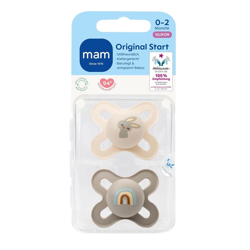 Mam Original Start Matte Baby Pacifiers, two-pack, designed for 0-3 months, featuring a bunny and rainbow design.
