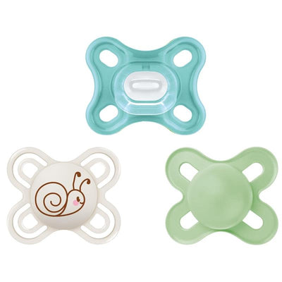 Unisex Mam 3-pack newborn pacifiers featuring a teal pacifier, a white pacifier with a snail design, and a green pacifier.