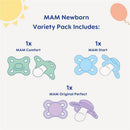 MAM 3-pack unisex newborn pacifier variety includes MAM Comfort, MAM Start, and MAM Original Perfect in soft colors.