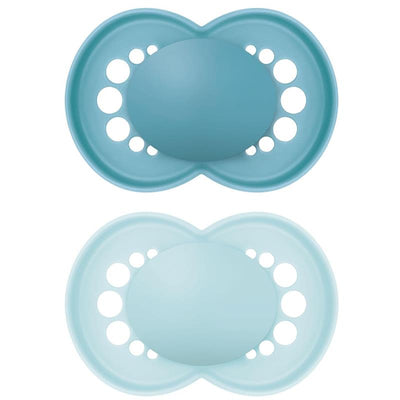 Two Mam Original Matte Baby Pacifiers for boys, one teal and one light blue, suitable for ages 6 to 16 months.