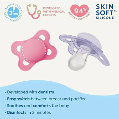 Two MAM Original Matte Baby Pacifiers for girls, one pink and one purple, featuring silicone nipples and self-sterilizing design.