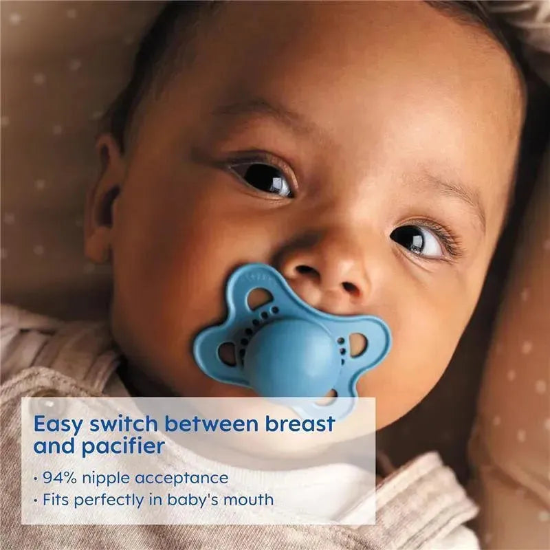 Baby with a blue MAM pacifier, featuring text that highlights easy switching between breast and pacifier, 94% nipple acceptance.