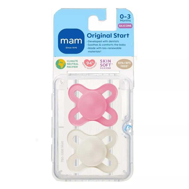 MAM Original Start pacifiers in pink and white, designed for babies 0-3 months, made of skin-soft silicone.
