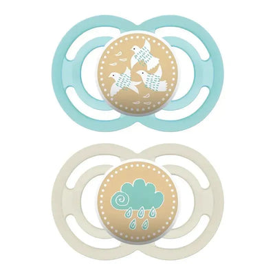 Mam Perfect Baby Neutral Pacifier set features two pacifiers with a blue bird design and a beige cloud design, suitable for ages 6M+.