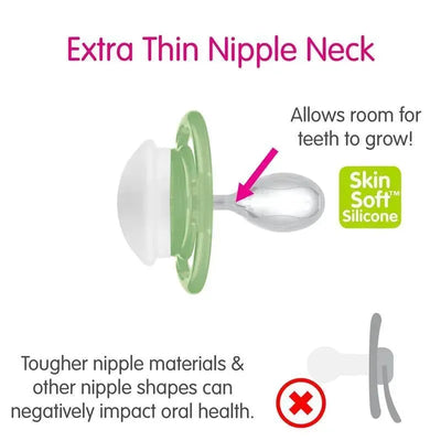 Mam Perfect Baby Neutral Pacifier features an extra thin nipple neck made of SkinSoft™ silicone, promoting oral health.