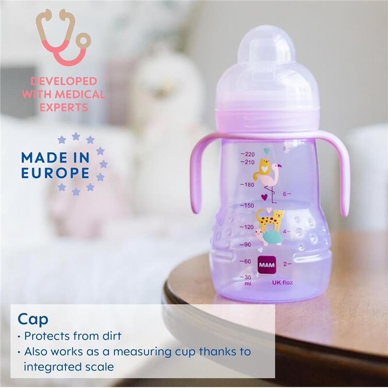 Trainer sippy cup for boys, 8 oz, in purple with grips and animal designs. Features a cap that protects and measures liquid.