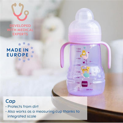 Trainer sippy cup for boys, 8 oz, in purple with grips and animal designs. Features a cap that protects and measures liquid.