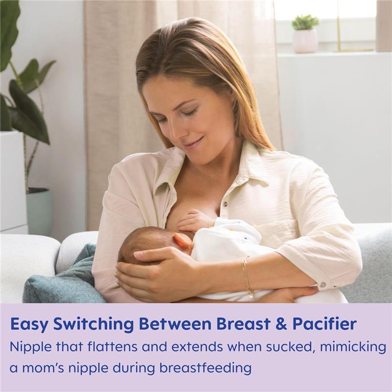 Mom holds a baby while breastfeeding, with text highlighting the nipple design for easy switching between breast and pacifier.