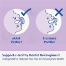 MAM Perfect baby pacifier illustration comparing dental development benefits with a standard pacifier.