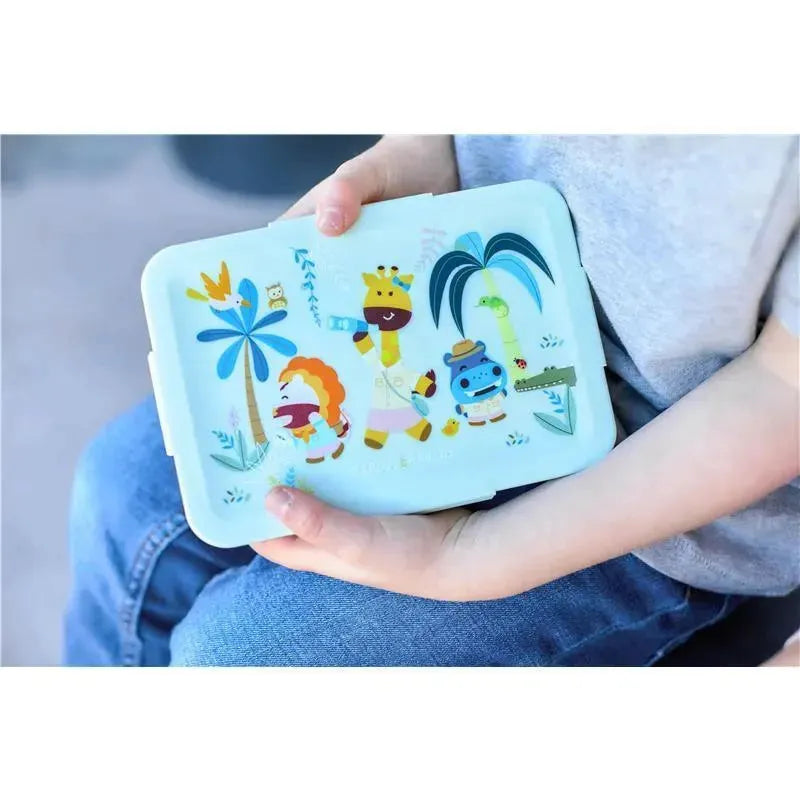 Bento box featuring colorful animal illustrations including a giraffe, lion, and crocodile, held by a child.