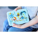 Bento box featuring colorful animal illustrations including a giraffe, lion, and crocodile, held by a child.