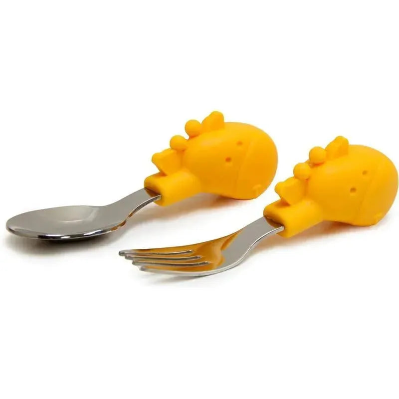 Toddler dining set featuring a yellow spoon and fork with playful animal-shaped handles.