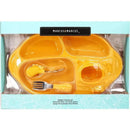 Toddler dining set by Marcus & Marcus featuring a yellow plate, spoon, and fork, packaged in a clear box.