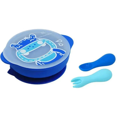 Toddler self-feeding set by Marcus & Marcus featuring a blue bowl with a lid and matching blue spoon and fork.