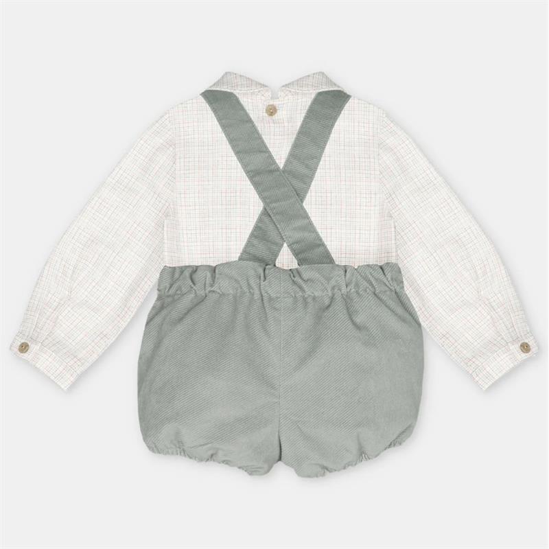 Woven fabric outfit with straps, featuring a plaid long-sleeve shirt and green shorts, suitable for children.