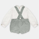 Woven fabric outfit with straps, featuring a plaid long-sleeve shirt and green shorts, suitable for children.
