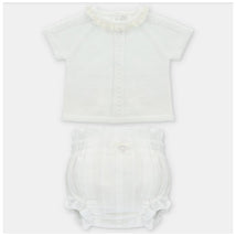 Light pink knitted sweater with ruffle collar and matching bloomer set for infants. Ideal for casual wear.