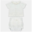 Light pink knitted sweater with ruffle collar and matching bloomer set for infants. Ideal for casual wear.
