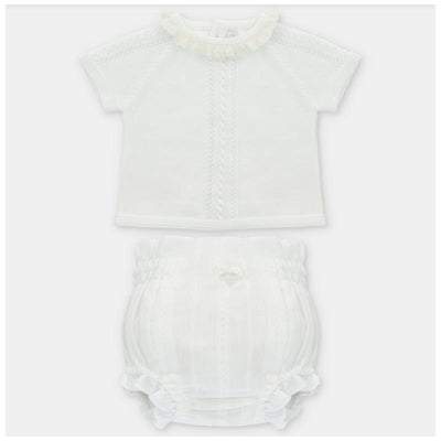 Light pink knitted sweater with ruffle collar and matching bloomer set for infants. Ideal for casual wear.