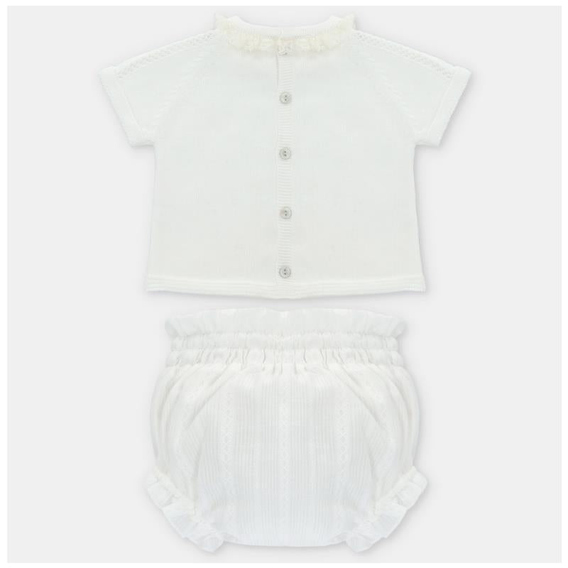 Light pink 2-pack sweater and bloomer set featuring a buttoned short-sleeve top with a ruffled collar and matching bloomers.