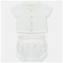 Light pink 2-pack sweater and bloomer set featuring a buttoned short-sleeve top with a ruffled collar and matching bloomers.