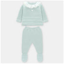 Light pink knit sweater with ruffled collar and matching leggings, designed for babies in a fashionable two-piece set.