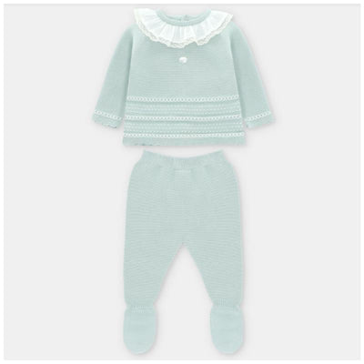 Light pink knit sweater with ruffled collar and matching leggings, designed for babies in a fashionable two-piece set.