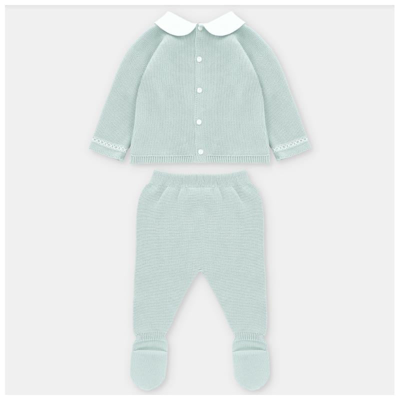 Pastel blue knit sweater and leggings set featuring a collared top and footed pants, ideal for infants.