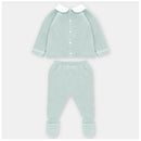 Pastel blue knit sweater and leggings set featuring a collared top and footed pants, ideal for infants.