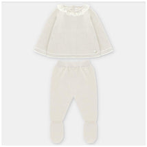 Beige knit sweater with ruffled collar and matching leggings featuring footed hems in a 2-piece baby clothing set.