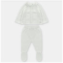 Beige sweater and leggings set for infants, featuring a collared sweater with cable knit design and matching footed leggings.