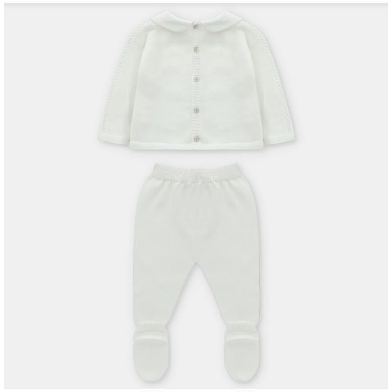 Beige knit sweater with a collar and buttons alongside matching leggings with footed design.