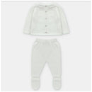Beige knit sweater with a collar and buttons alongside matching leggings with footed design.