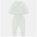 White knitted sweater and leggings set for infants, featuring a textured design and footed leggings.
