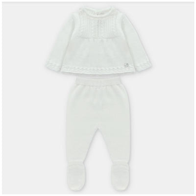 White knitted sweater and leggings set for infants, featuring a textured design and footed leggings.