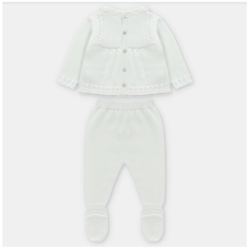 White knitted sweater and leggings set for infants, featuring a button-up cardigan and footed pants.