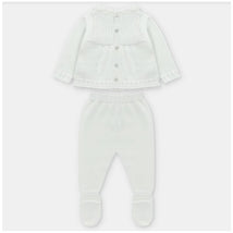 White knitted sweater and leggings set for infants, featuring a button-up cardigan and footed pants.