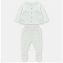 White knitted sweater and leggings set for infants, featuring a button-up cardigan and footed pants.