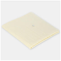 Knit baby blanket in a soft yellow color, featuring a textured pattern and button detail, folded neatly.