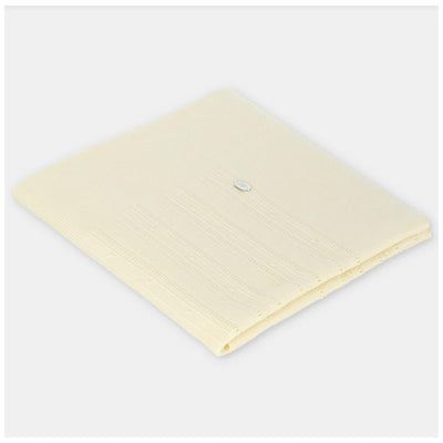 Knit baby blanket in a soft yellow color, featuring a textured pattern and button detail, folded neatly.
