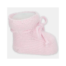 Knit baby booties in soft pink with a folded cuff and tied detail, suitable for infants.