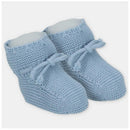Knit baby booties in ocean blue with a soft, textured finish and decorative bows at the front.