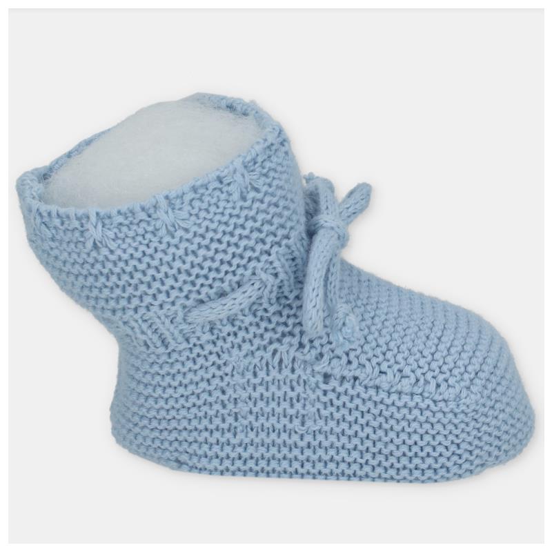 Knit baby booties in ocean blue, featuring a soft, textured design and a tied embellishment on the side.