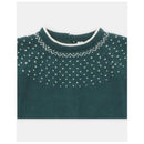 Baby boy long romper in dark blue with a decorative white knit pattern around the collar.