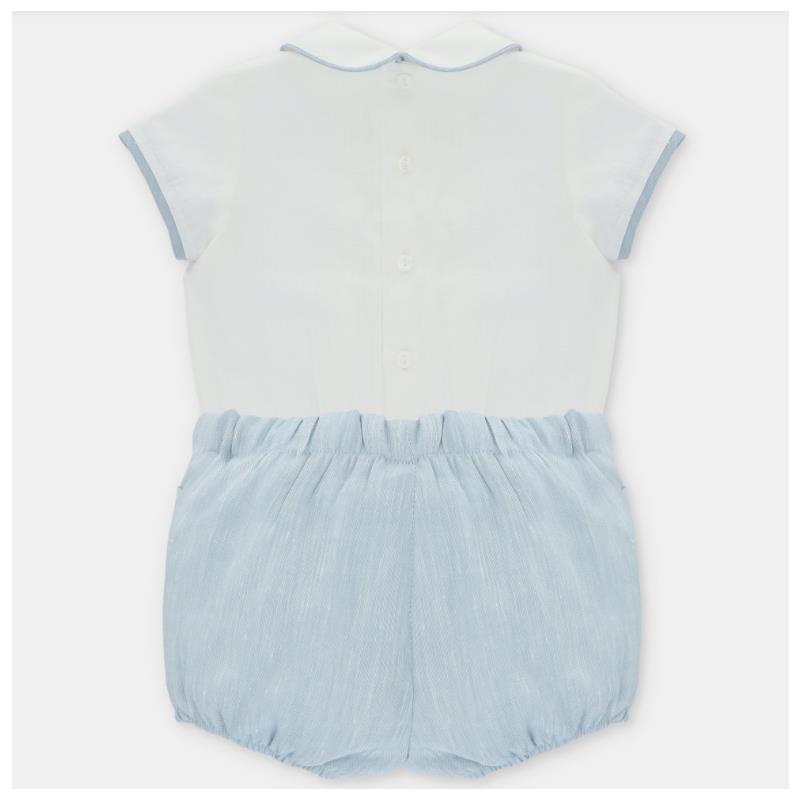 Baby boy set featuring a beige shirt with blue trim and matching bloomer shorts, designed for comfort and style.
