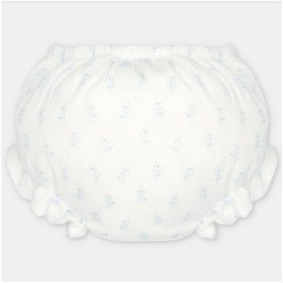 Baby girl bloomer in woven fabric featuring a white base with light blue floral prints and ruffled edges.
